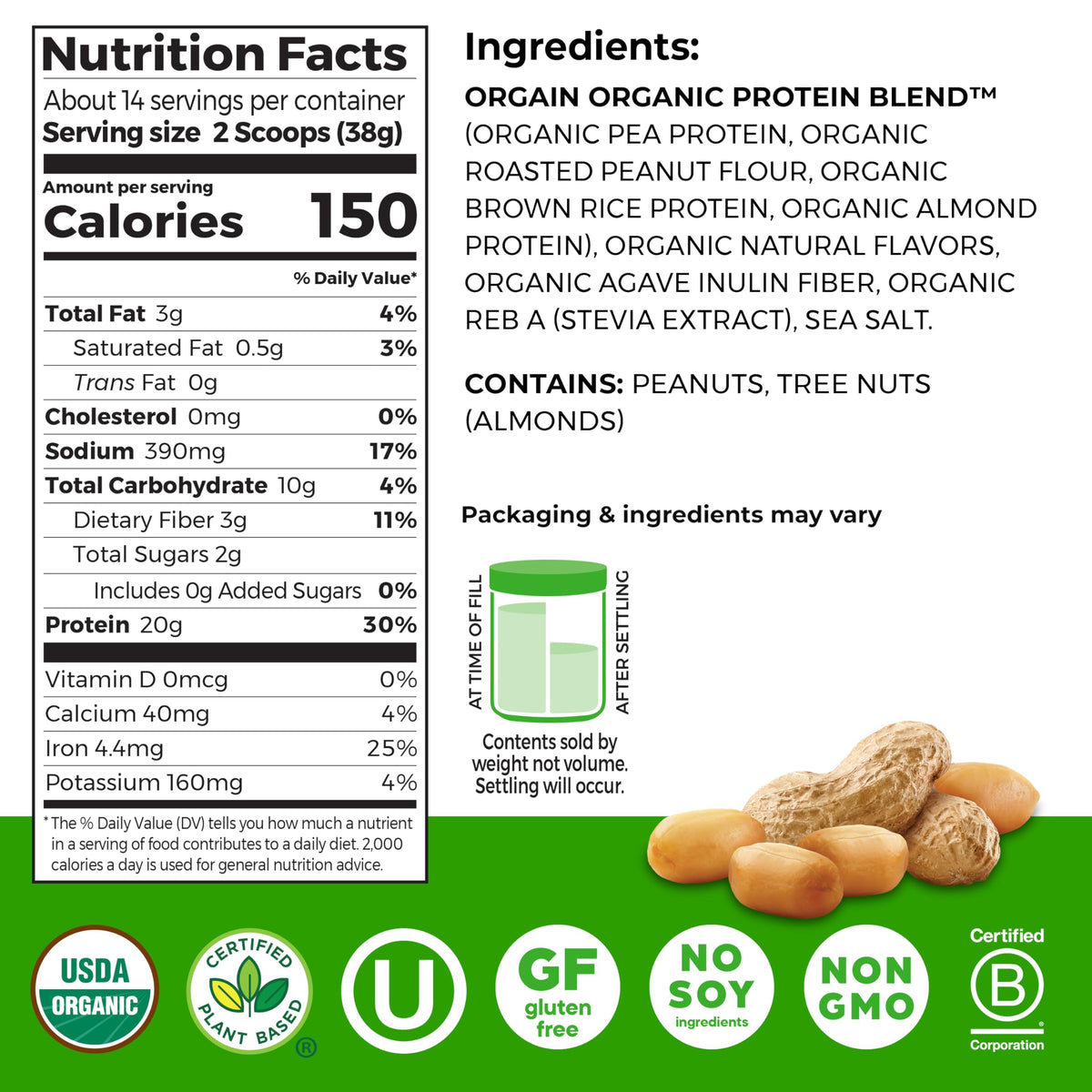 Orgain x Justin’s Organic Vegan Nut Butter Protein Powder – Peanut Butter, 20g Plant Protein, 2g Sugar, Gluten Free