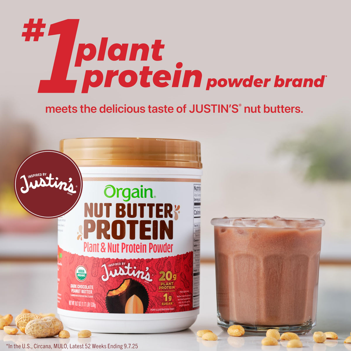 Orgain X Justin's Organic Vegan Nut Butter Protein Powder – Chocolate Peanut Butter Cup, 20g Plant Protein, 1g Sugar, 1.17 lb