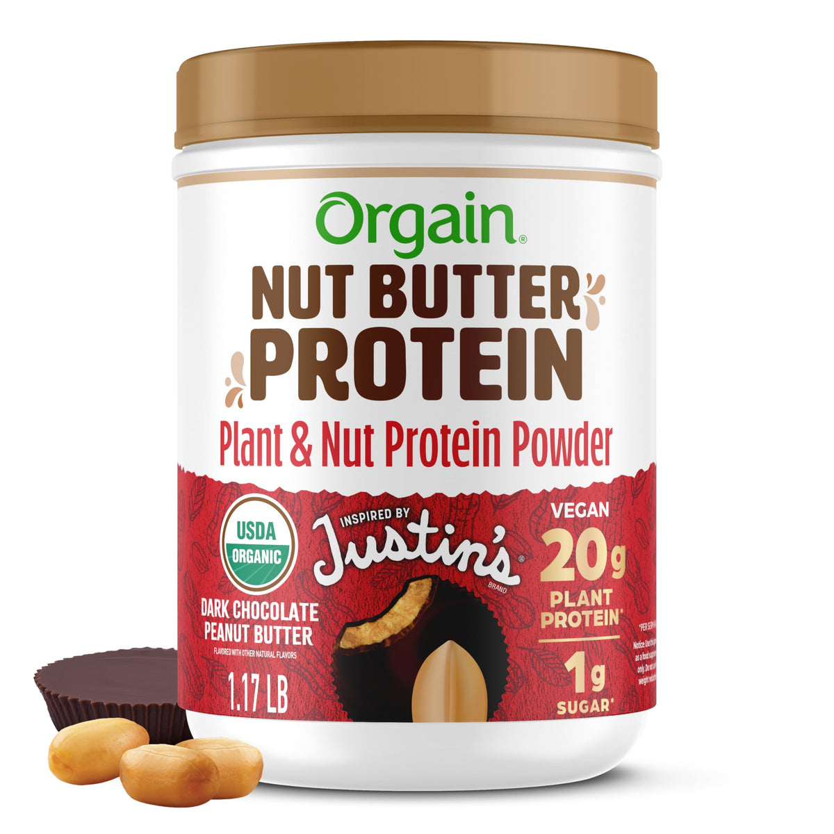 Orgain X Justin's Organic Vegan Nut Butter Protein Powder – Chocolate Peanut Butter Cup, 20g Plant Protein, 1g Sugar, 1.17 lb
