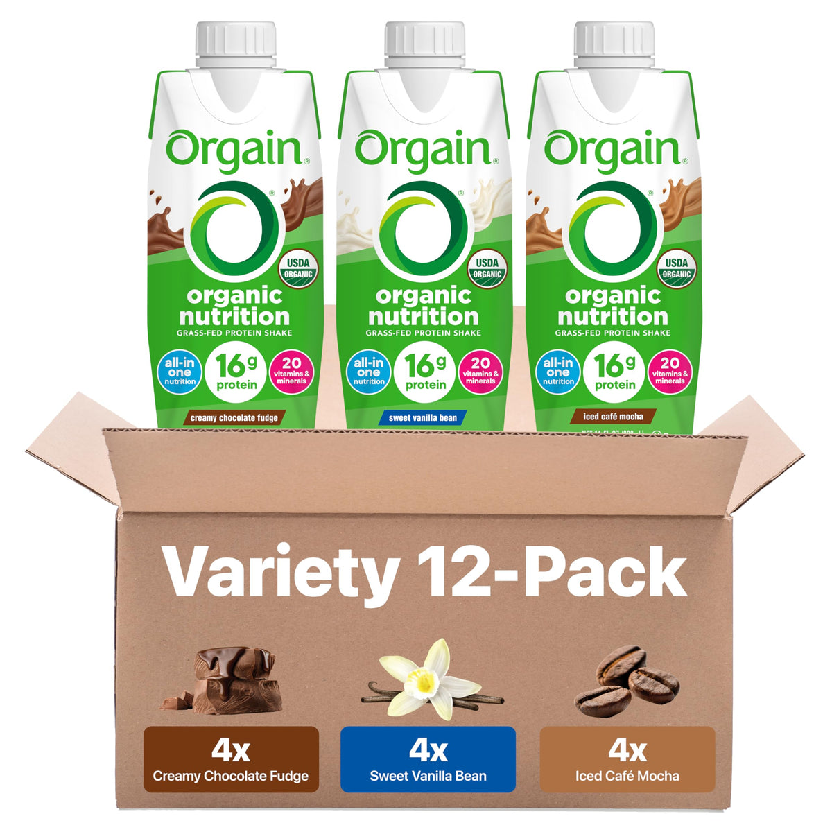 Orgain Organic Nutritional Protein Shake – 16g Grass-Fed Whey, 12x11oz (Chocolate, Vanilla, Mocha)