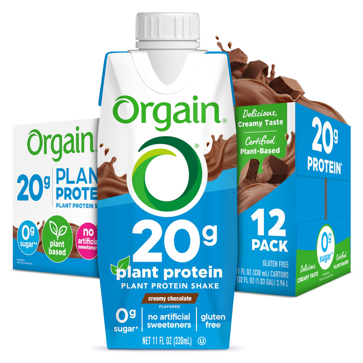 Orgain Organic Vegan Protein Shake, Creamy Chocolate — 20g Plant-Based Protein, Ready-to-Drink, 11 oz (12 Pack)