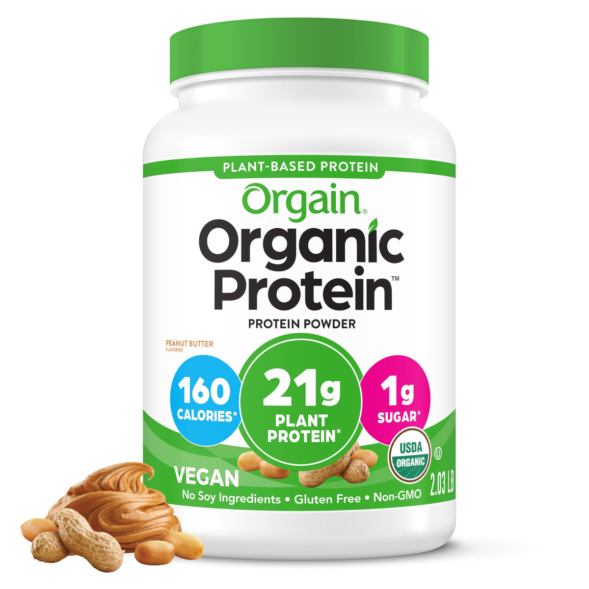 Orgain Organic Vegan Protein Powder – Peanut Butter, 21g Plant Protein, 2.03 lb