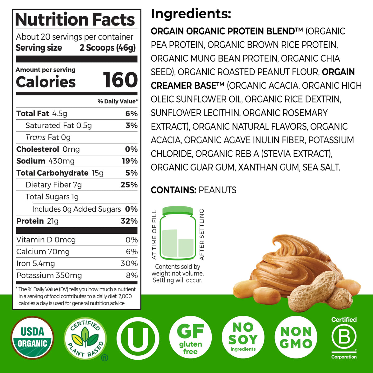 Orgain Organic Vegan Protein Powder – Peanut Butter, 21g Plant Protein, 2.03 lb