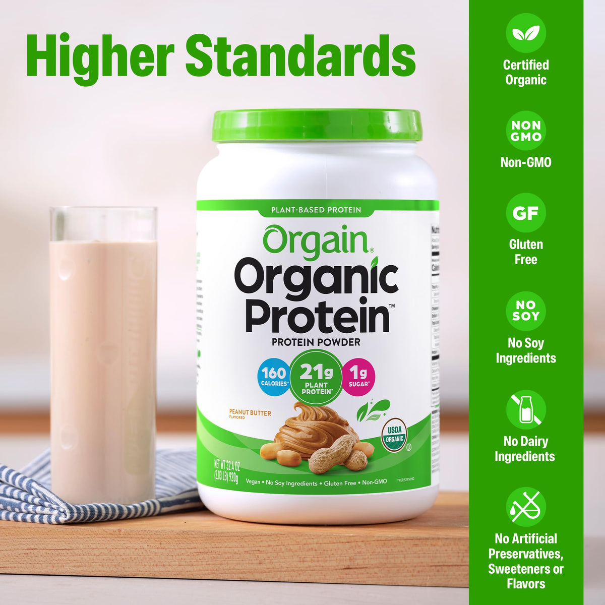 Orgain Organic Vegan Protein Powder – Peanut Butter, 21g Plant Protein, 2.03 lb