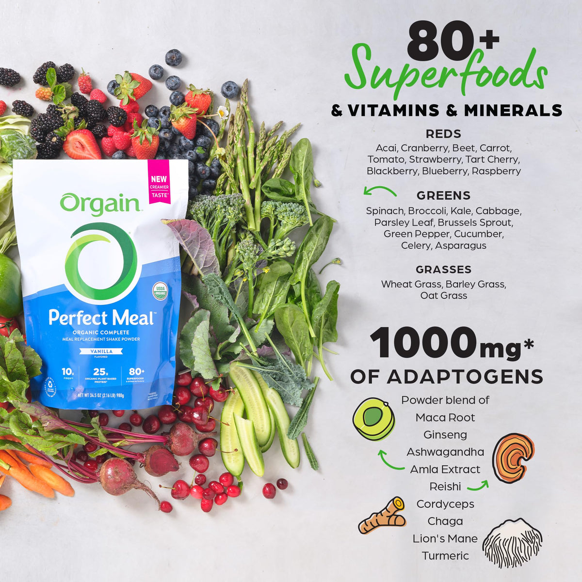 Orgain Perfect Meal Vanilla — Organic Vegan Meal Replacement, 25g Protein, 80+ Superfoods