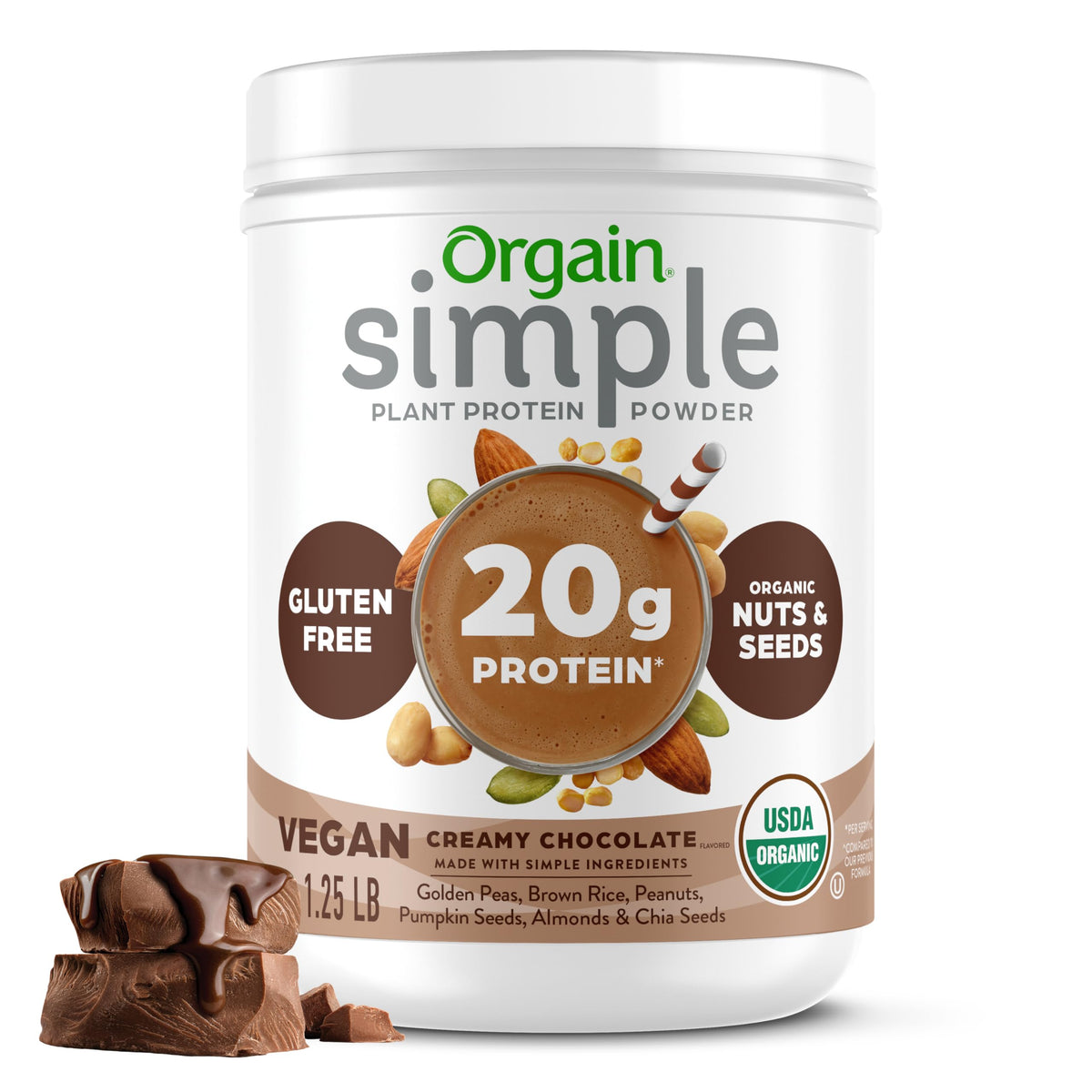 Orgain Organic Simple Vegan Protein Powder - Chocolate, 20g Plant-Based Protein, 1.25 lb (Packaging May Vary)