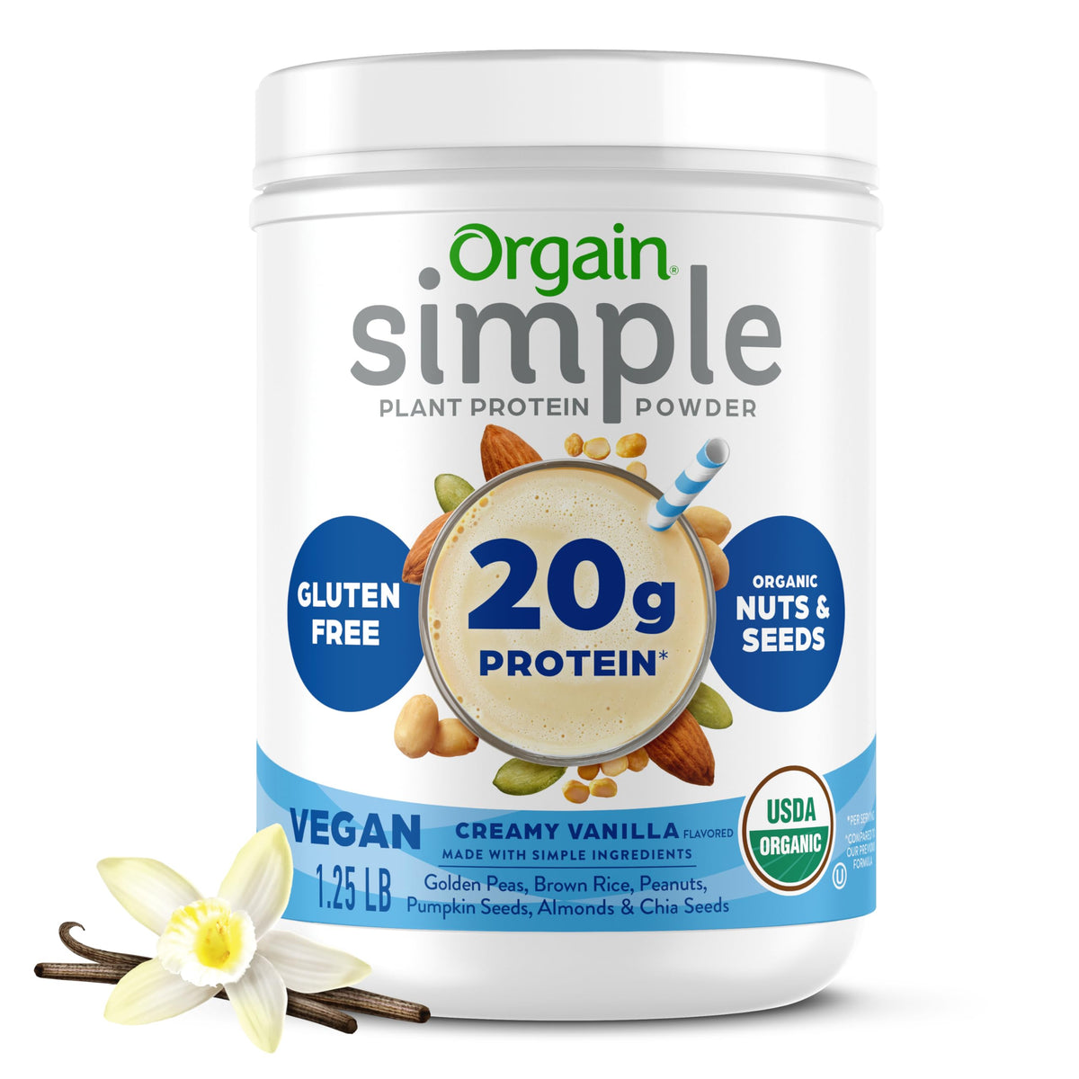 Orgain Organic Simple Vegan Protein Powder – Vanilla, 20g Plant-Based Protein, 8–10 Simple Ingredients, Gluten Free