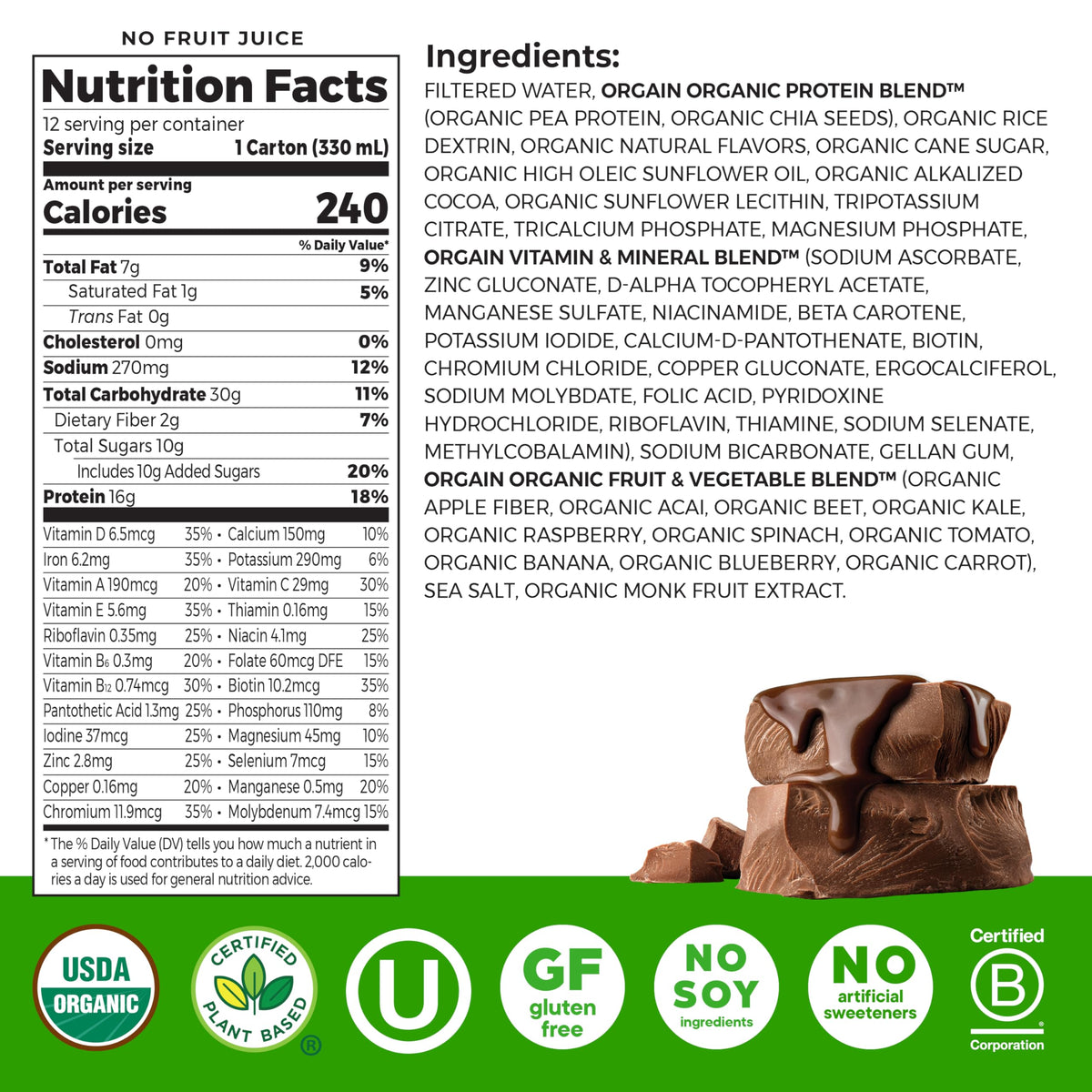 Orgain Organic Vegan Protein Shake – Smooth Chocolate, 16g Protein, 22 Vitamins & Minerals, 11 fl oz (12 Pack)