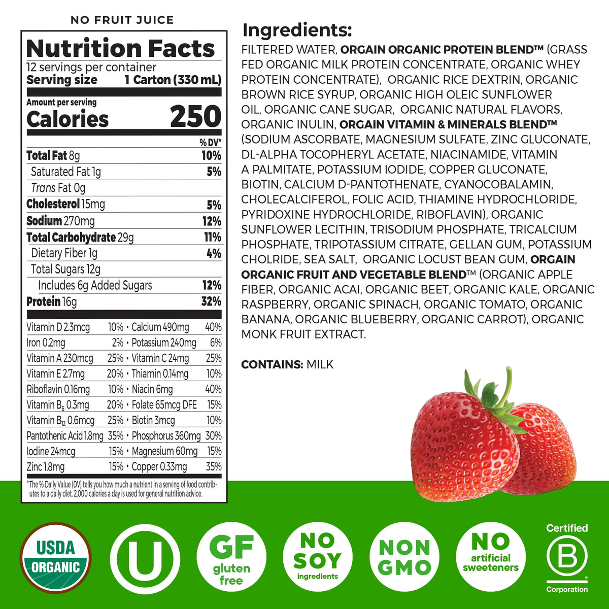 Orgain Organic Strawberries & Cream Nutritional Protein Shake – 16g Grass-Fed Whey, 20 Vitamins & Minerals, 11 fl oz, Gluten Free, Non-GMO, 12 Pack