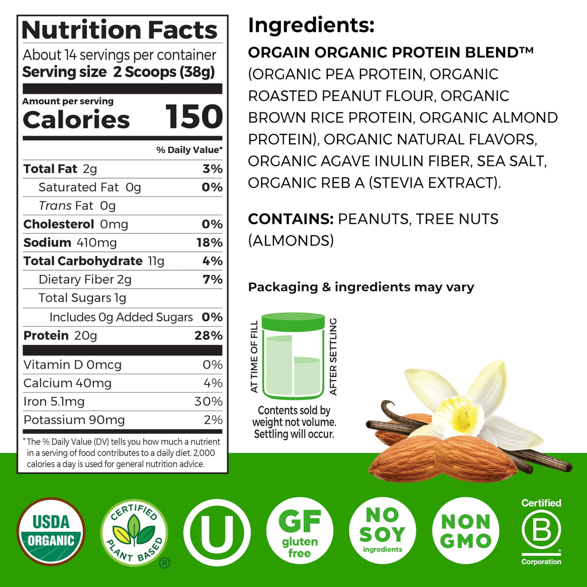Orgain x Justin's Organic Vegan Nut Butter Protein Powder – Vanilla Almond Butter, 20g Plant Protein