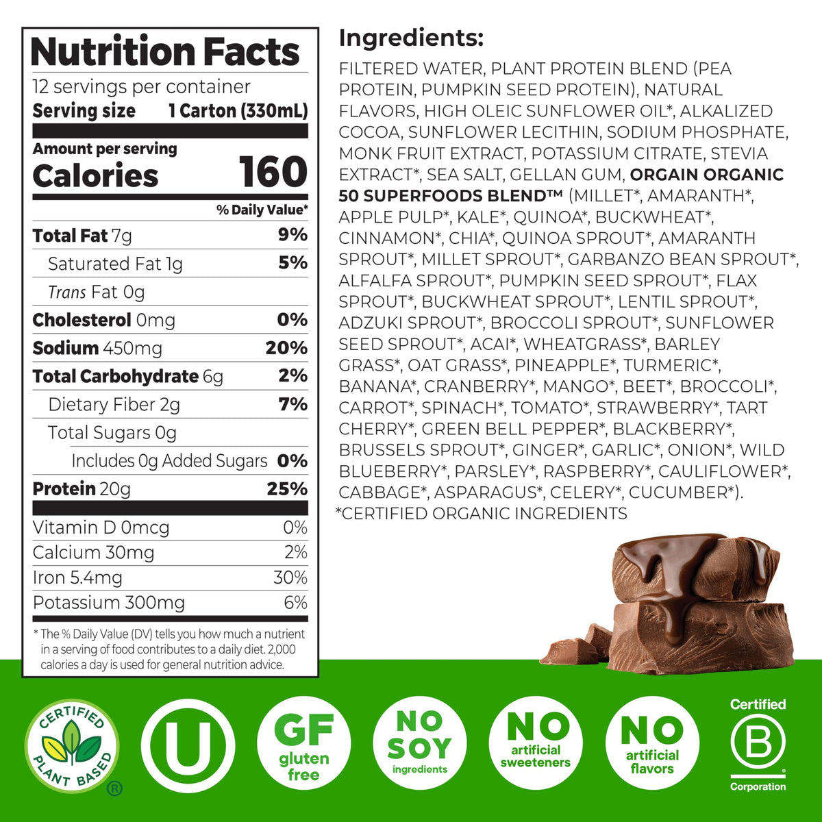 Orgain Vegan Protein Shake, Creamy Chocolate — 20g Plant Protein, 0g Sugar, Ready to Drink (11 oz, Pack of 12)