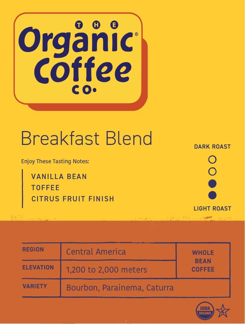 Organic Coffee Co. Breakfast Blend Whole Bean Coffee – 2 lb | USDA Organic, Medium-Light Roast