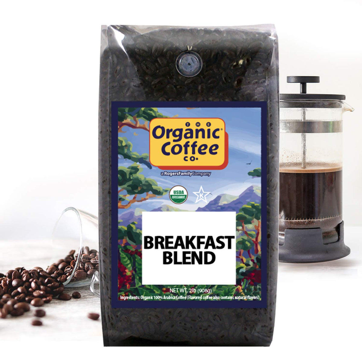 Organic Coffee Co. Breakfast Blend Whole Bean Coffee – 2 lb | USDA Organic, Medium-Light Roast