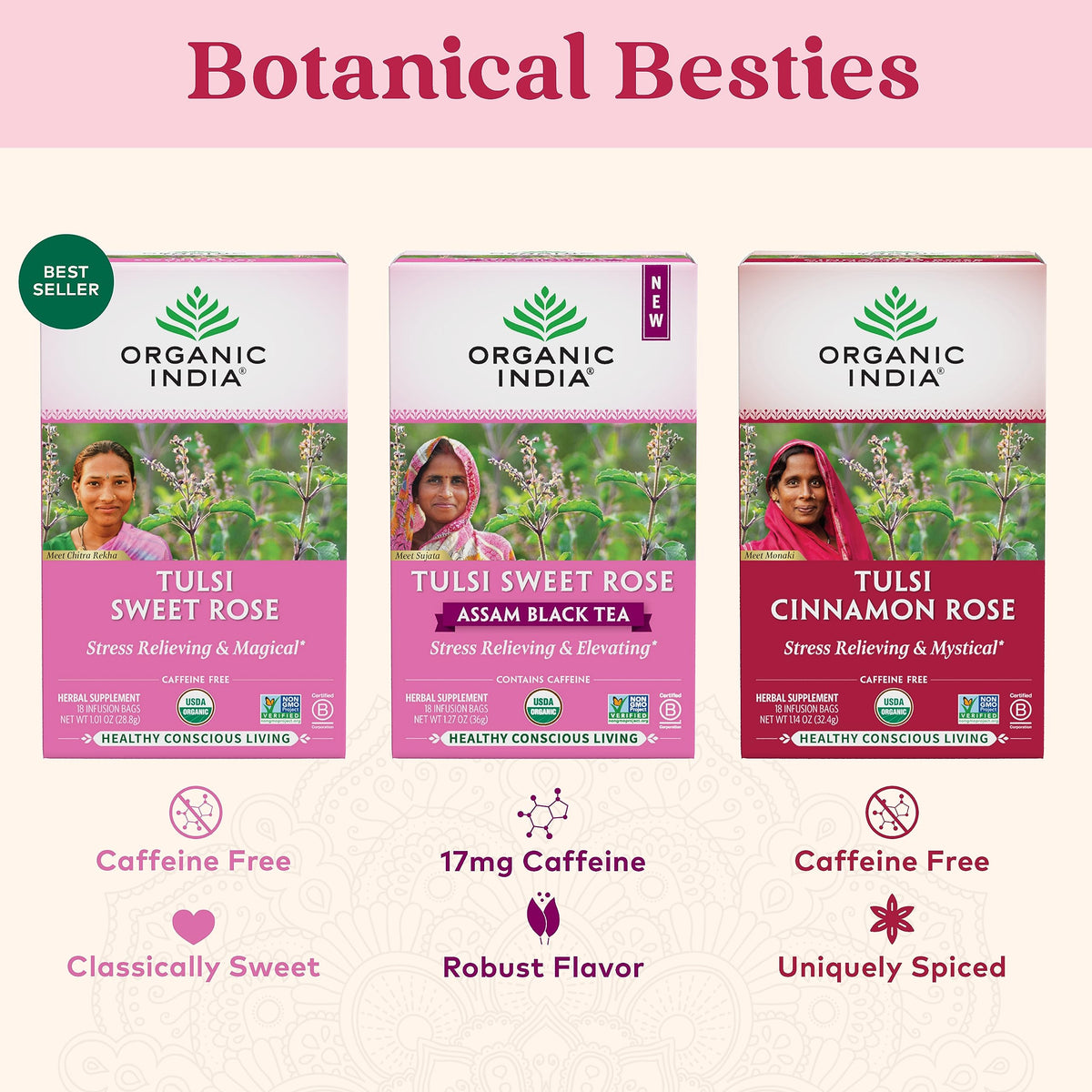 ORGANIC INDIA Tulsi Cinnamon Rose Tea – Caffeine-Free Tulsi Rose Tea Bags, Chamomile & Holy Basil, 18 Infusion Bags, 3 Pack