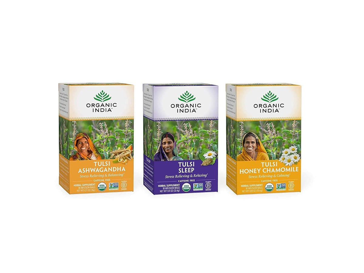Organic India Iced Tulsi Tea Bags Variety Pack – Tulsi Ashwaganda, Sleep, Honey Chamomile | Caffeine-Free, USDA Organic, Non-GMO, 18 Infusion Bags x3