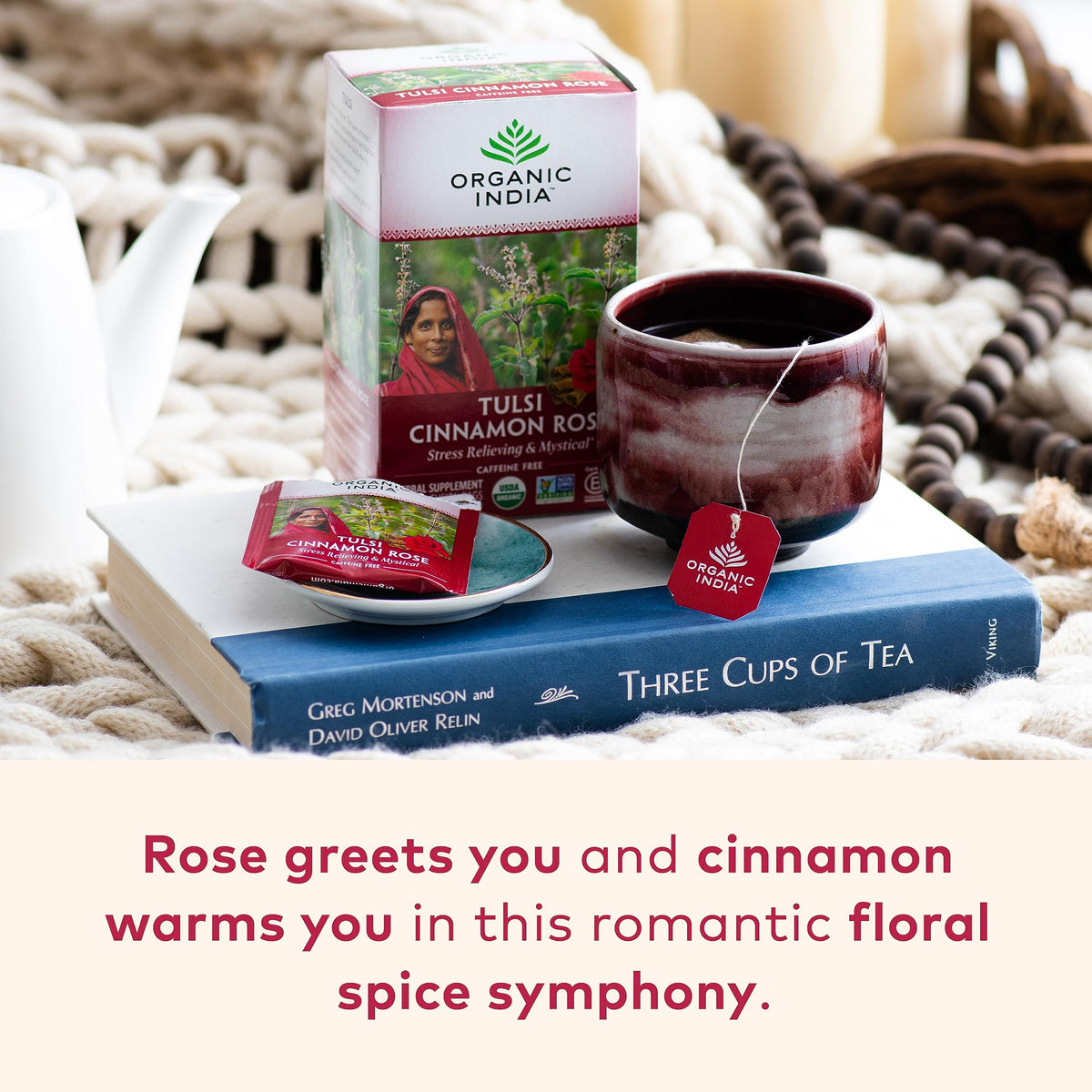 ORGANIC INDIA Tulsi Cinnamon Rose Tea – Caffeine-Free Tulsi Rose Tea Bags, Chamomile & Holy Basil, 18 Infusion Bags, 3 Pack