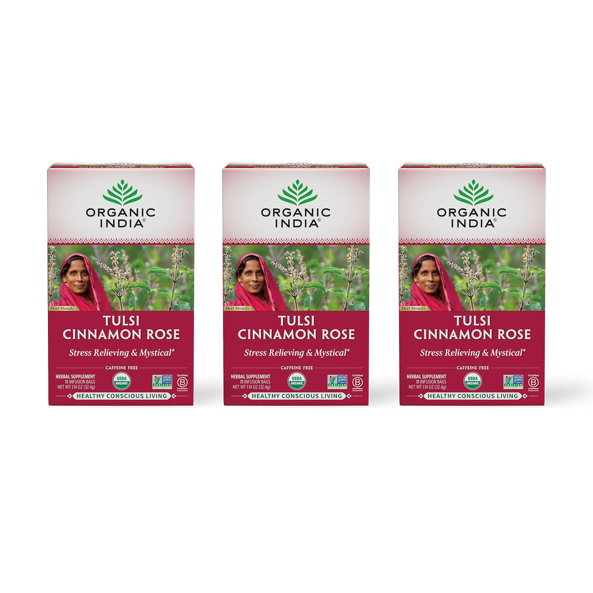 ORGANIC INDIA Tulsi Cinnamon Rose Tea – Caffeine-Free Tulsi Rose Tea Bags, Chamomile & Holy Basil, 18 Infusion Bags, 3 Pack