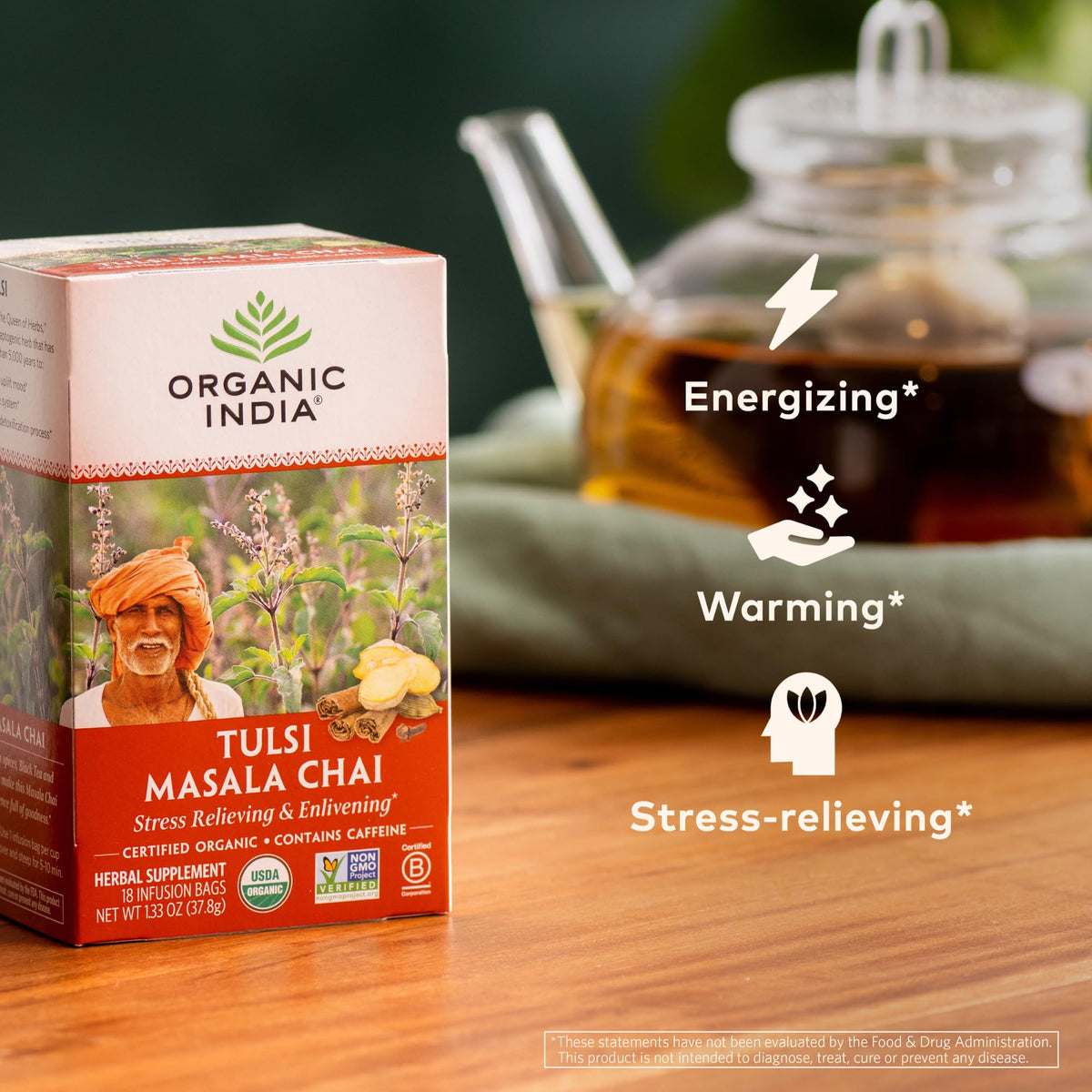 Organic India Tulsi Masala Chai Tea Bags – Stress Relief, Immune Support, USDA Organic, 18 Infusion Bags (6 Pack)