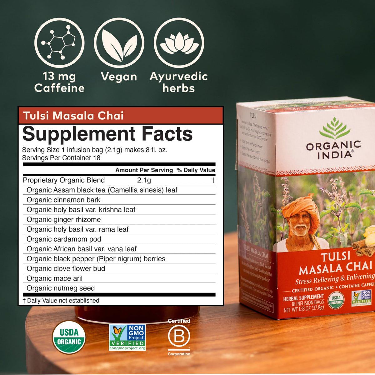 Organic India Tulsi Masala Chai Tea Bags – Stress Relief, Immune Support, USDA Organic, 18 Infusion Bags (6 Pack)
