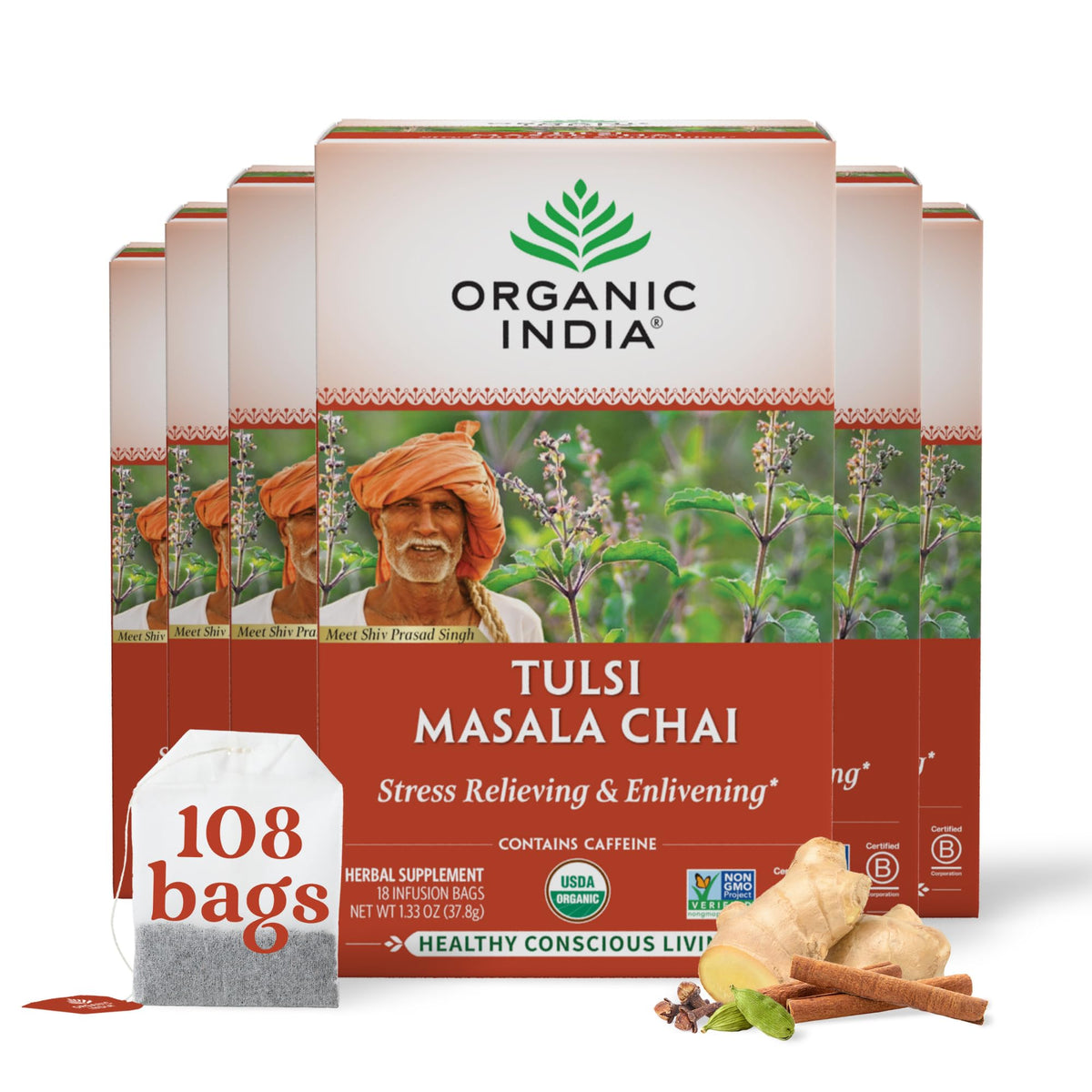 Organic India Tulsi Masala Chai Tea Bags – Stress Relief, Immune Support, USDA Organic, 18 Infusion Bags (6 Pack)