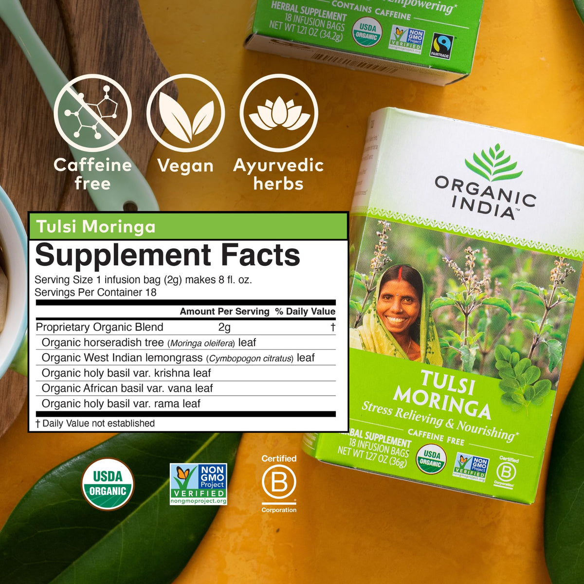 ORGANIC INDIA Tulsi Moringa Tea Bags – Calming, Caffeine-Free, USDA Organic