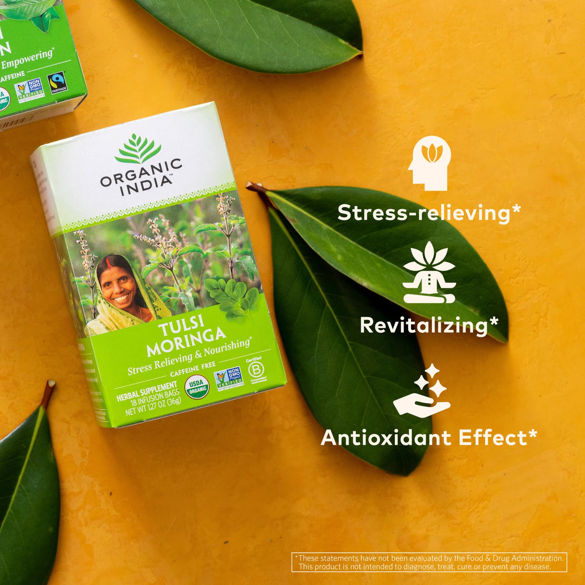 ORGANIC INDIA Tulsi Moringa Tea Bags – Calming, Caffeine-Free, USDA Organic