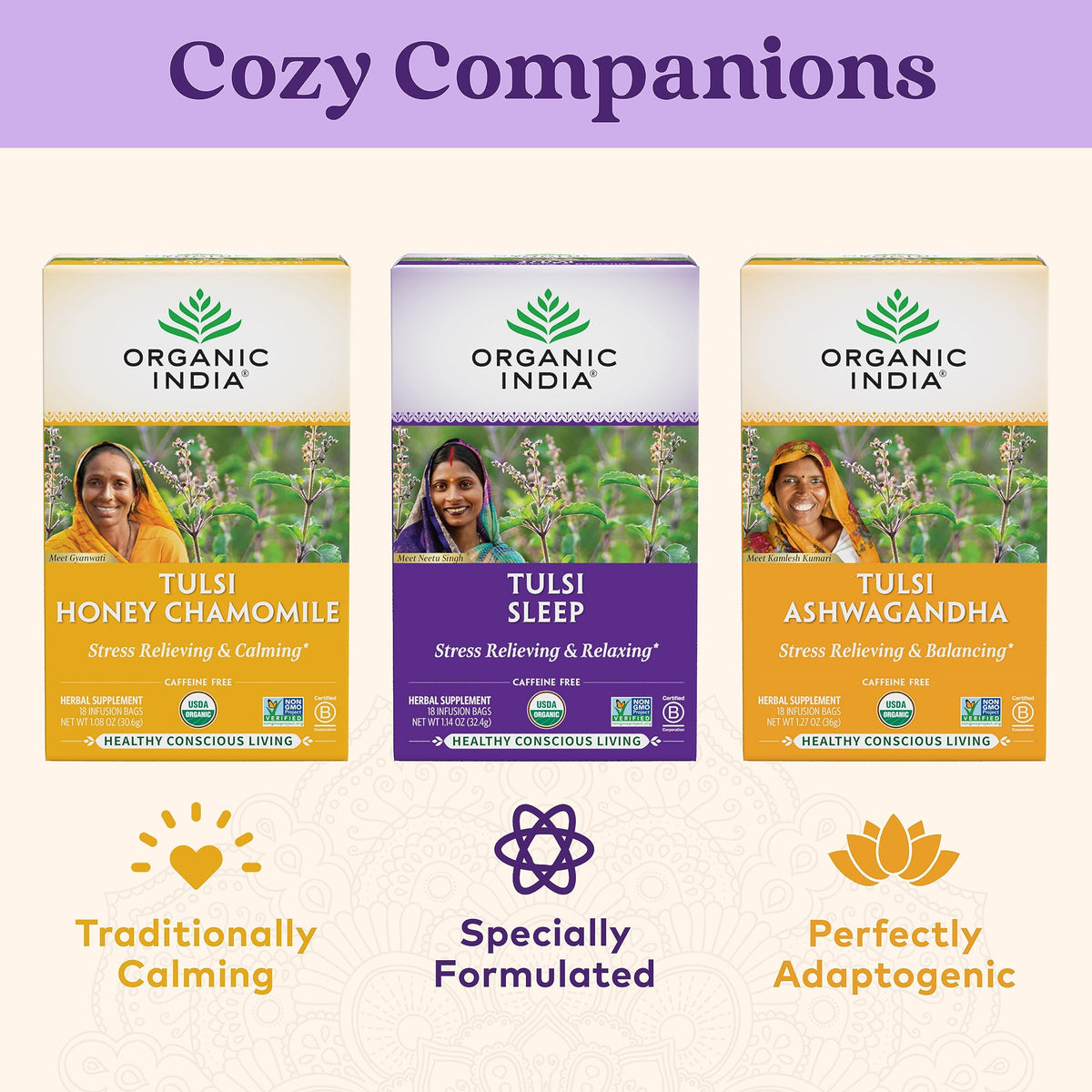Organic India Tulsi Sleep Tea – Nighttime Herbal Blend with Tulsi, Ashwagandha & Chamomile | Caffeine-Free, USDA Organic, 18 Bags, 6 Pack