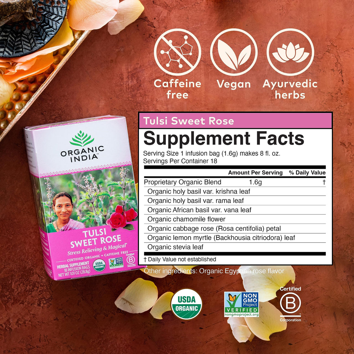 Organic India Tulsi Sweet Rose Herbal Tea – Caffeine-Free, Stress Relief & Immune Support | 18 Bags x 6 Pack