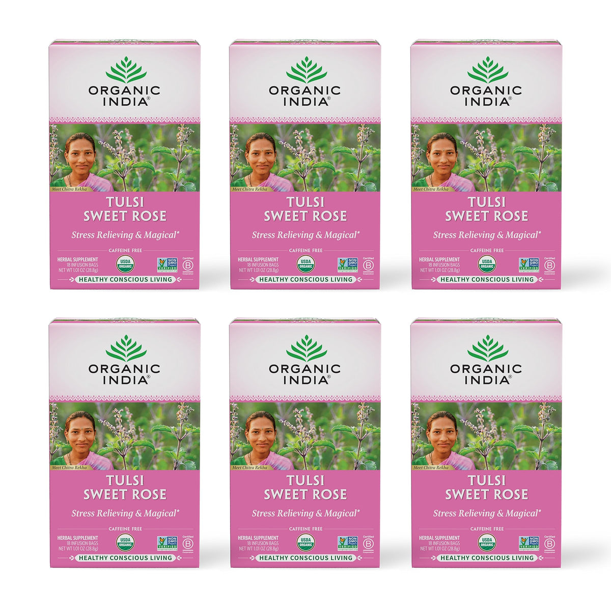 Organic India Tulsi Sweet Rose Herbal Tea – Caffeine-Free, Stress Relief & Immune Support | 18 Bags x 6 Pack