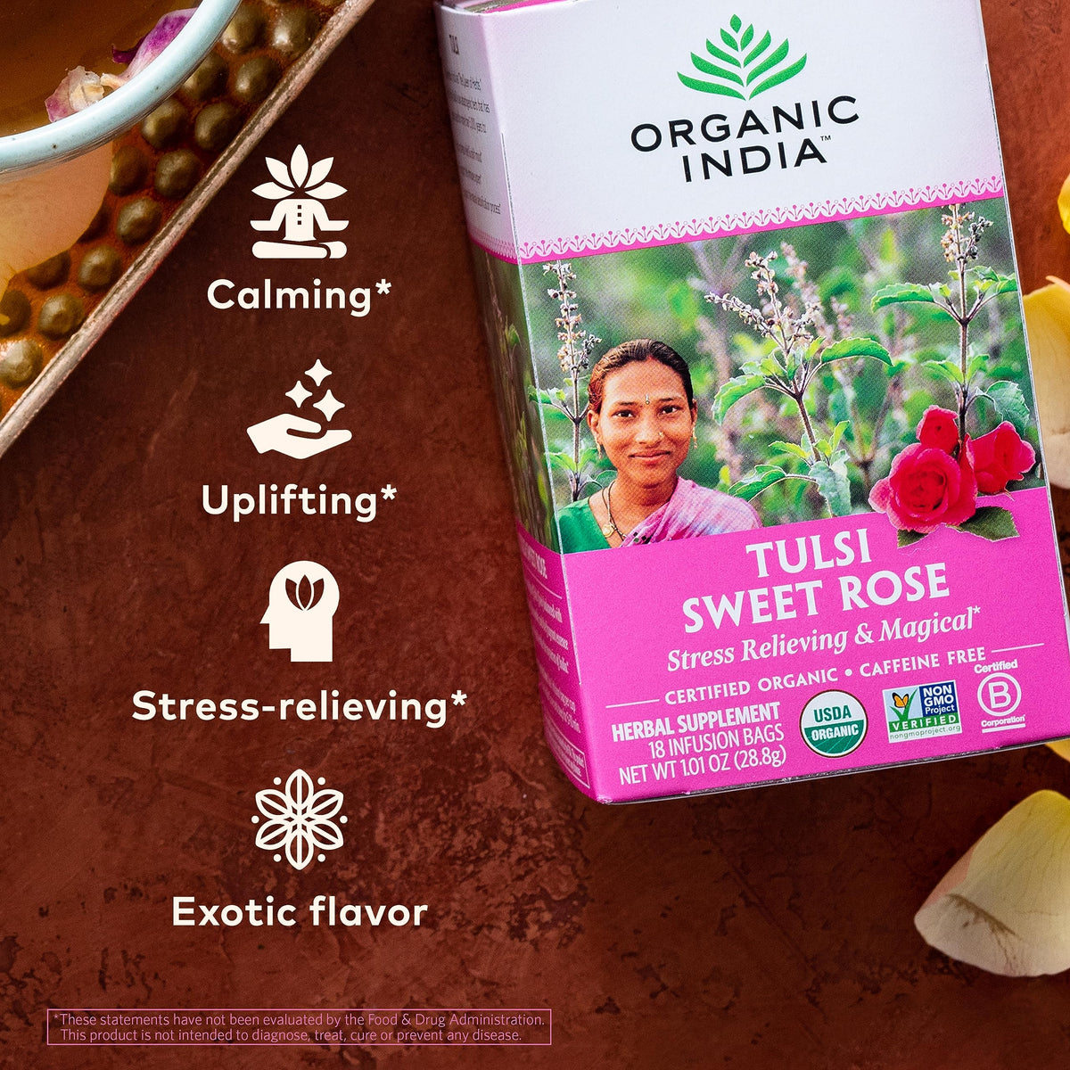 Organic India Tulsi Sweet Rose Herbal Tea – Caffeine-Free Tulsi Blend with Rose & Chamomile, USDA Organic, 18 Infusion Bags (6 Pack)