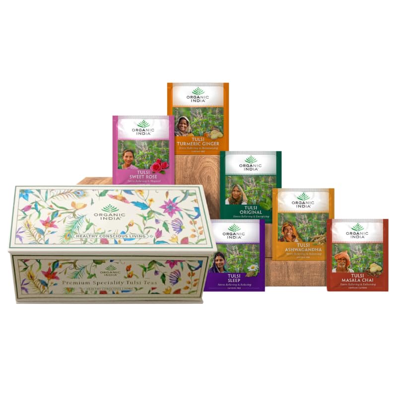 Organic India Tea Sampler Box – Tulsi Herbal Tea Gift Set (60 Tea Bags)