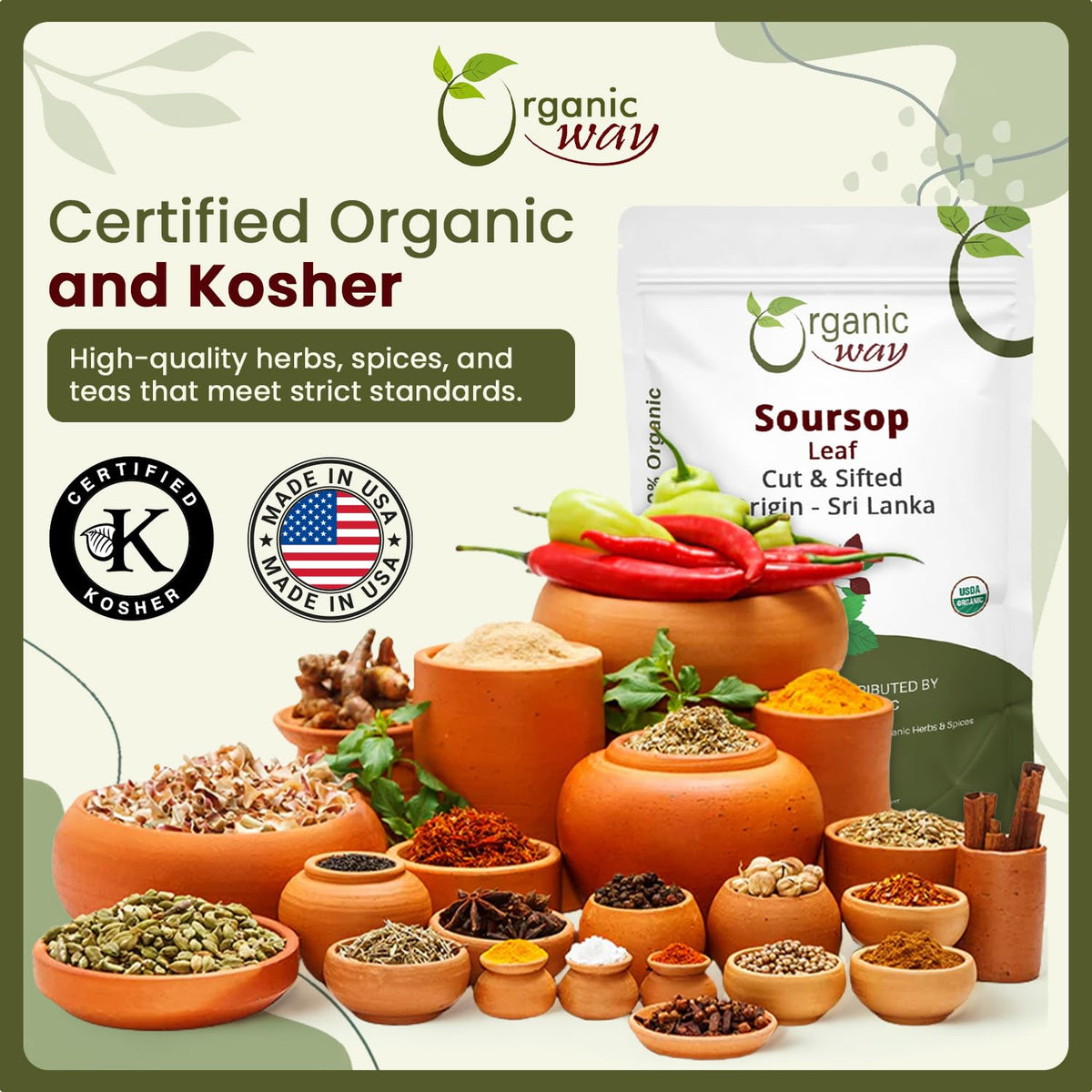 Organic Way Dried Soursop Leaf Coarse Cut – Herbal Tea, Kosher Certified, Vegan & Gluten Free
