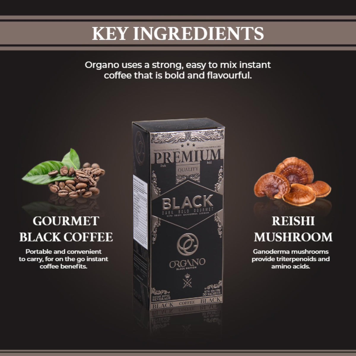 ORGANO Gourmet Black Coffee with Ganoderma Lucidum – 3 Boxes (90 Sachets) | Rich Dark Roast