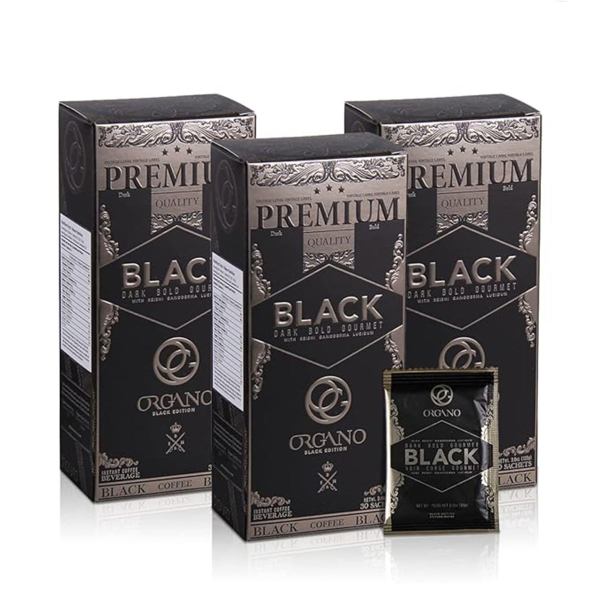 ORGANO Gourmet Black Coffee with Ganoderma Lucidum – 3 Boxes (90 Sachets) | Rich Dark Roast