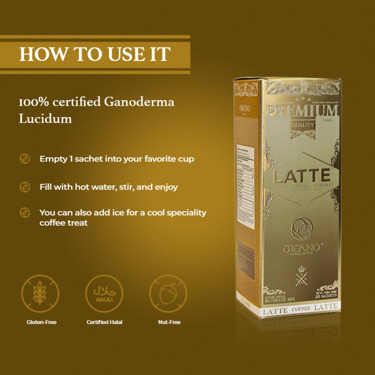 ORGANO Gourmet Café Latte – 2 Boxes (40 Sachets) with 100% Certified Ganoderma Lucidum