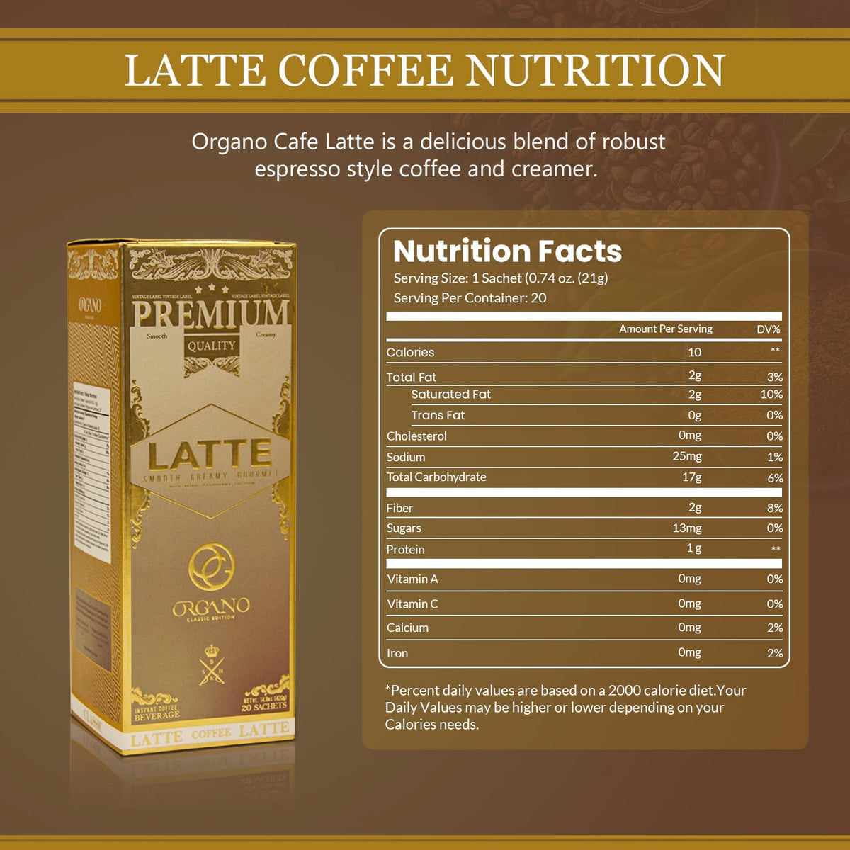ORGANO Gourmet Cafe Latte – 3 Boxes, 60 Sachets, 100% Certified Ganoderma Lucidum