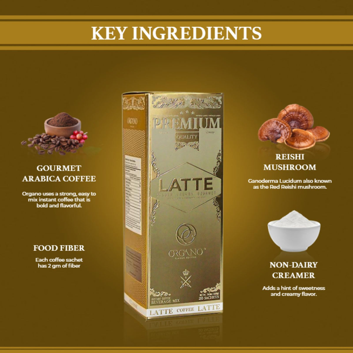 ORGANO Gourmet Cafe Latte – 100% Certified Ganoderma Lucidum, 20 Sachets