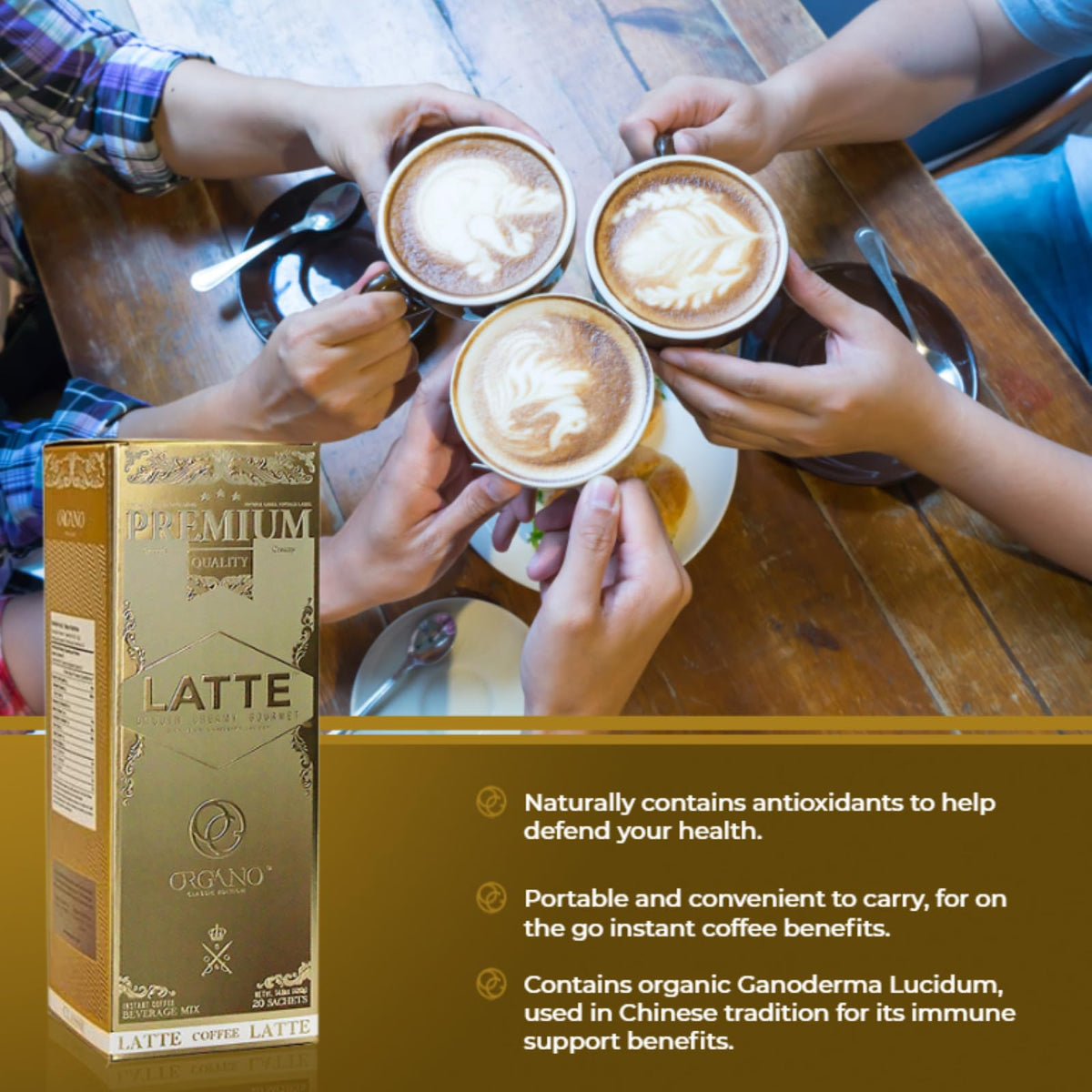 ORGANO Gourmet Cafe Latte – 4 Boxes, 80 Sachets, 100% Certified Ganoderma Lucidum