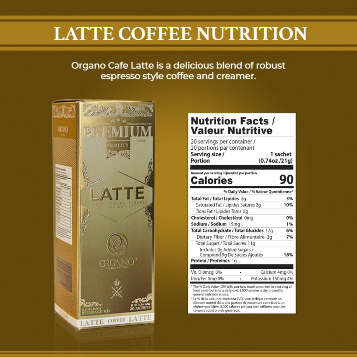 ORGANO Gourmet Cafe Latte – 100% Certified Ganoderma Lucidum, 20 Sachets