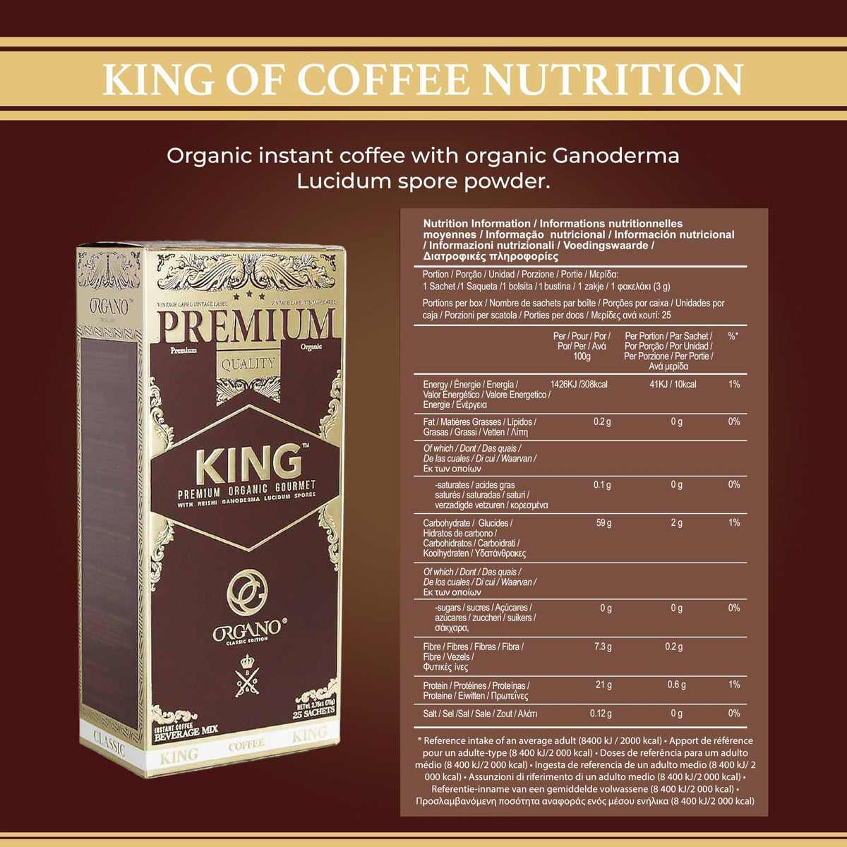 ORGANO King of Coffee – 100% Ganoderma Lucidum, 25 Sachets