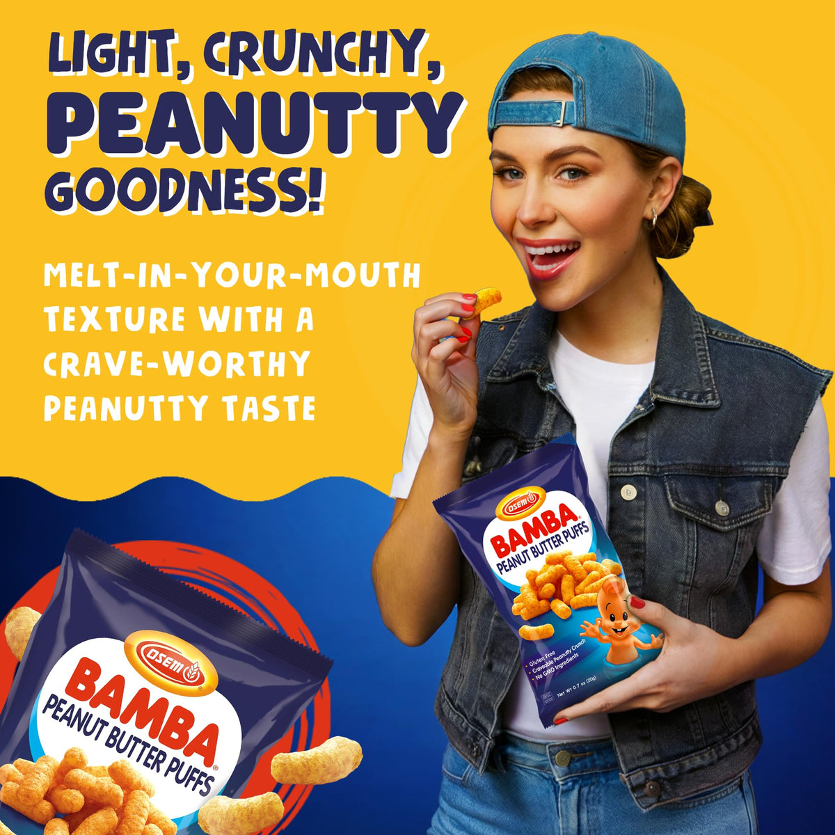 Osem Bamba Peanut Butter Puffs – Vegan, Kosher, 16-Pack (0.7oz)