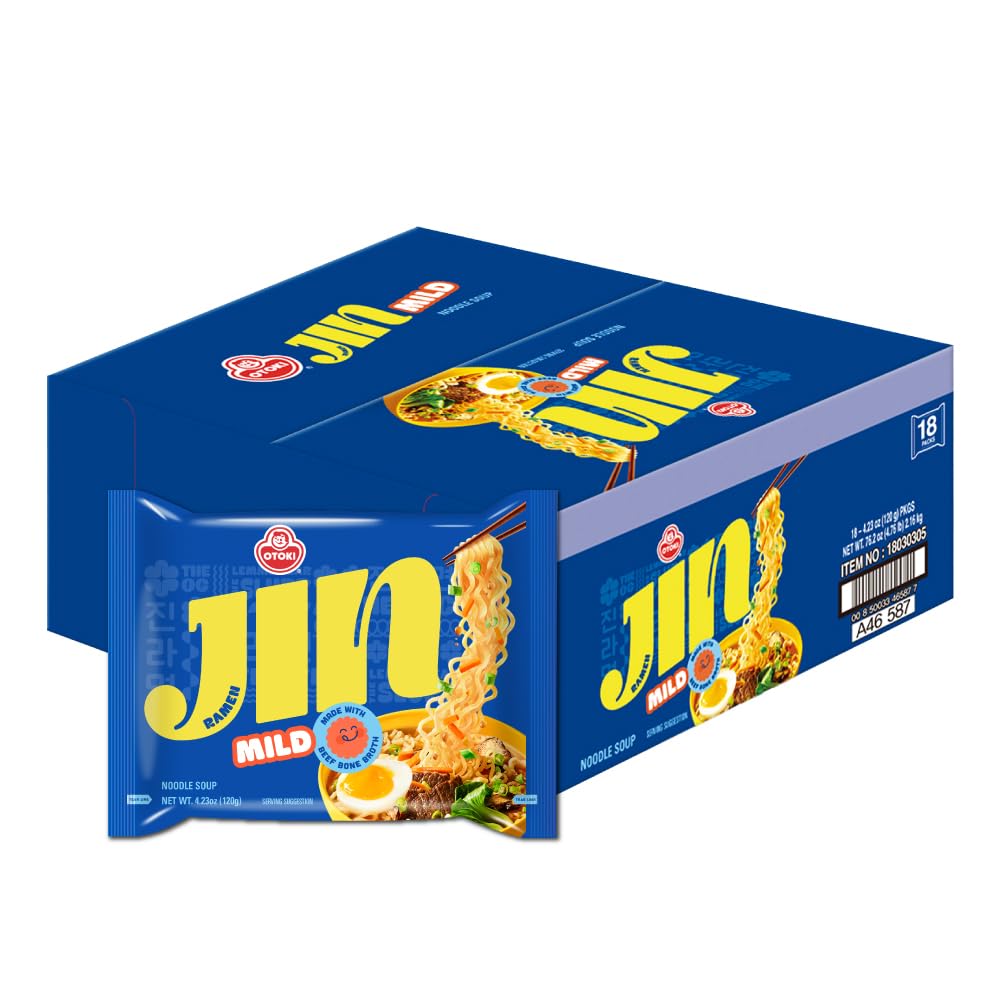 OTOKI Jin Ramen Mild Korean Instant Ramen – 13-Hour Beef Bone Broth, Ready in 4 Minutes, Pack of 18