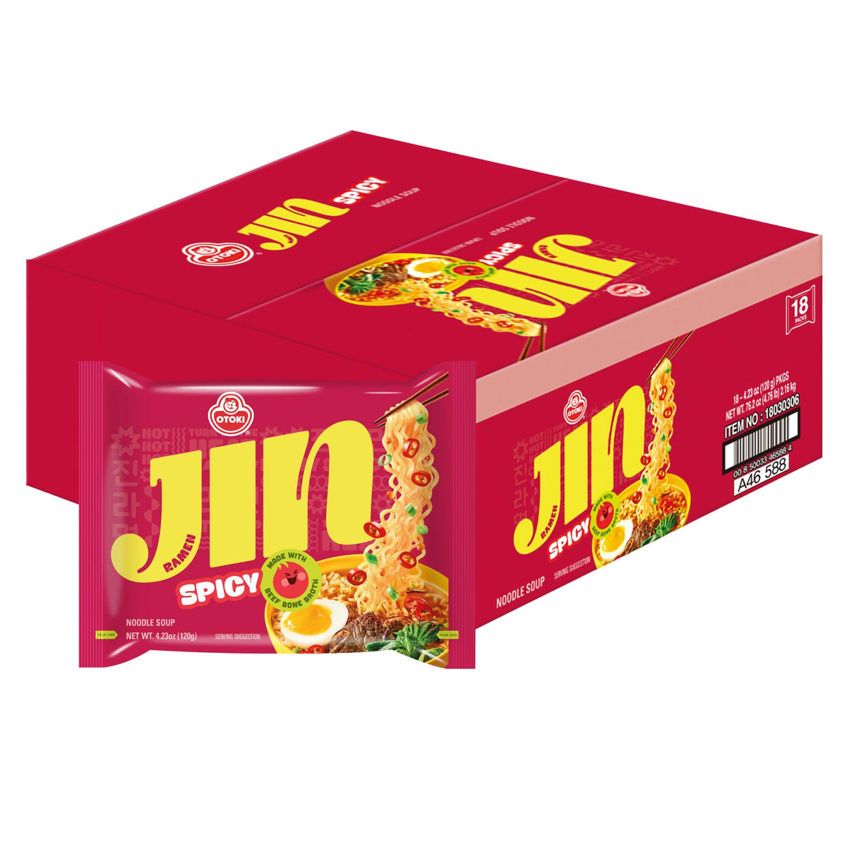 OTOKI Jin Ramen Spicy Korean Instant Ramen – 13-Hour Beef Bone Broth, Ready in 4 Minutes (Pack of 18)
