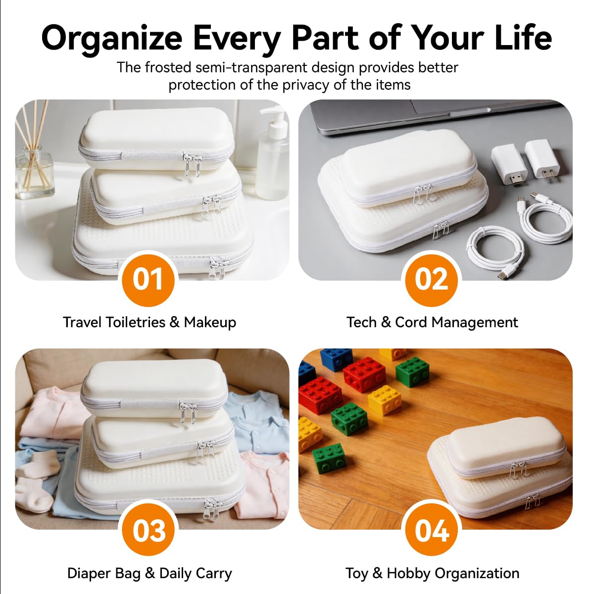 OUXIA 3 Pcs Hard Shell Zipper Case, Hard Plastic Zipper Case, Travel Toiletry Bag, Diaper Bag Organizer Pouches Matte Hard Shell Cosmetic/Toiletry Pouch, Travel Organizer, Toy Storage Bins for Travel