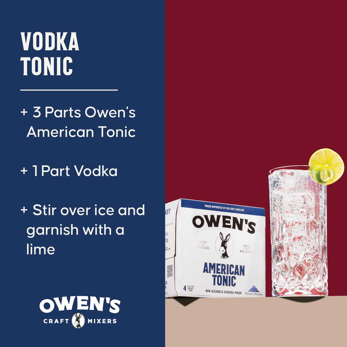 Owen's American Tonic – Premium Cocktail Mixer with Real Quinine, Zesty Finish, 8.2oz Cans (24 Pack)