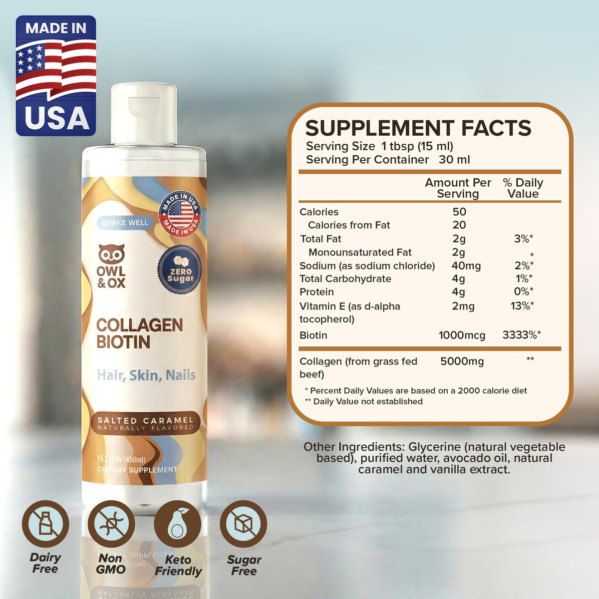 Owl & Ox Collagen Creamer for Coffee – Skin & Hair Support, Salted Caramel, 30 Servings