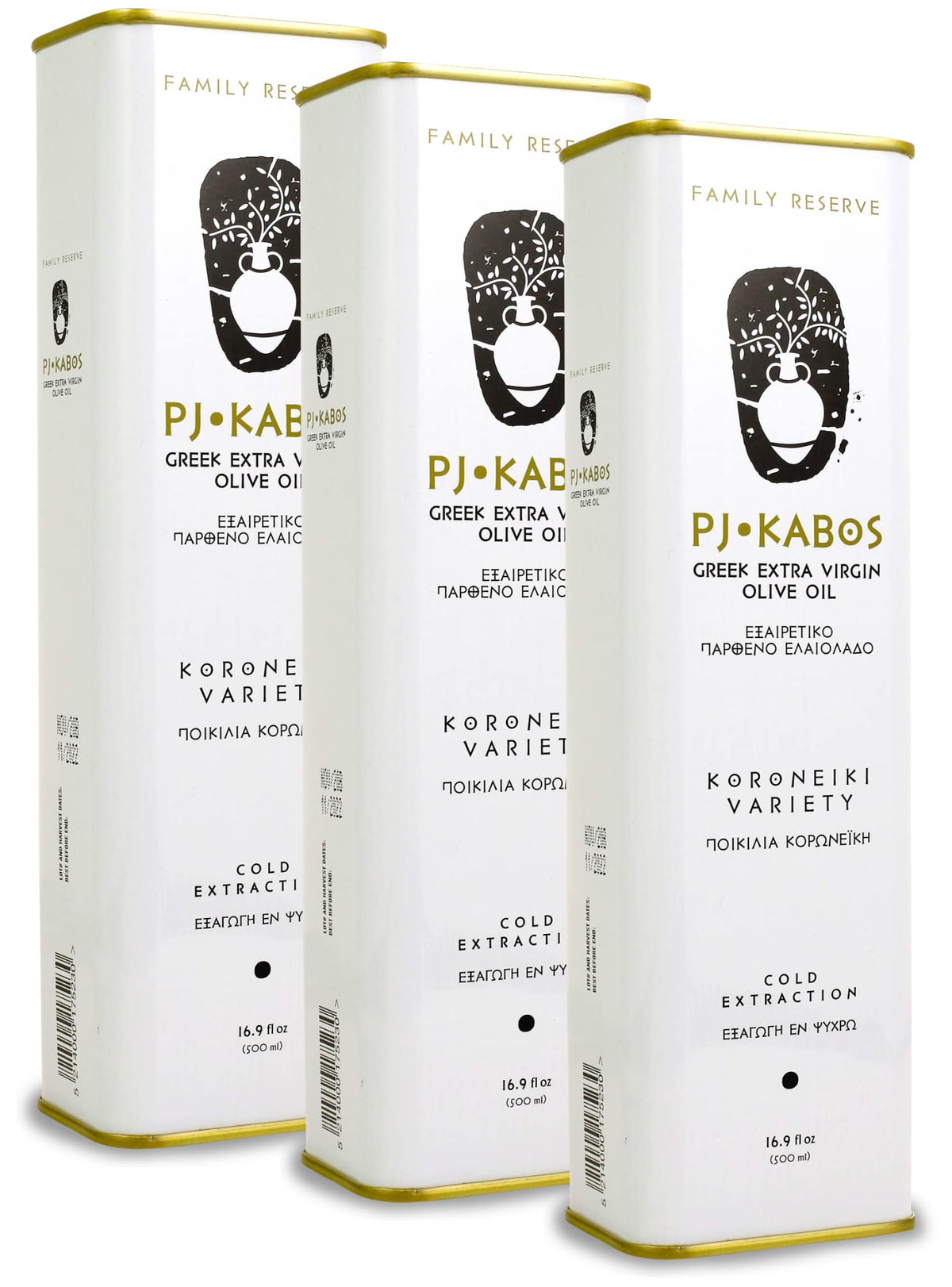 P.J. KABOS Fresh 2025/26 Harvest Greek Extra Virgin Olive Oil – Koroneiki, 3x16.9 oz Tins