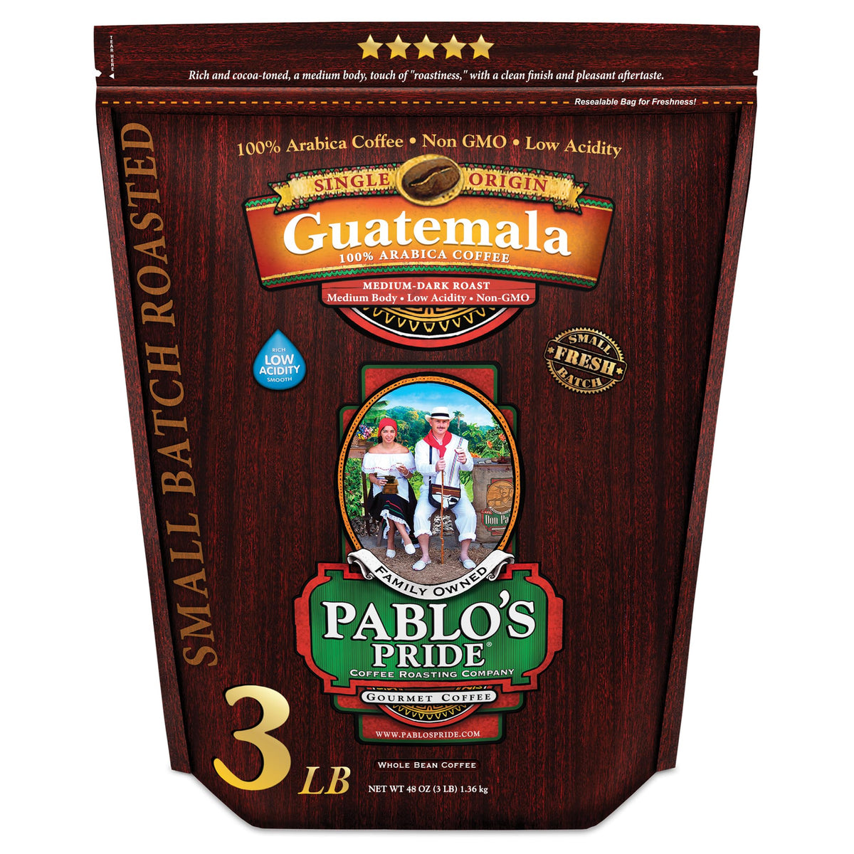 Pablo's Pride Guatemala 3 lb Whole Bean Coffee — Medium-Dark Roast, Low Acidity