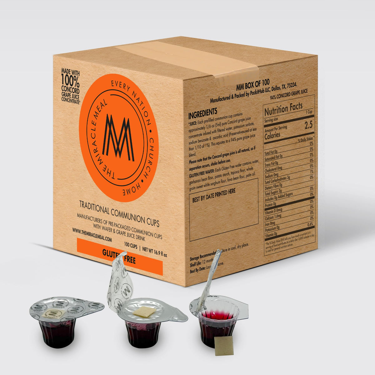 PACK IT HUB Miracle Meal: Pre-Filled Communion Cups & Gluten-Free Wafer Set (Box of 100) with Concord Grape Juice