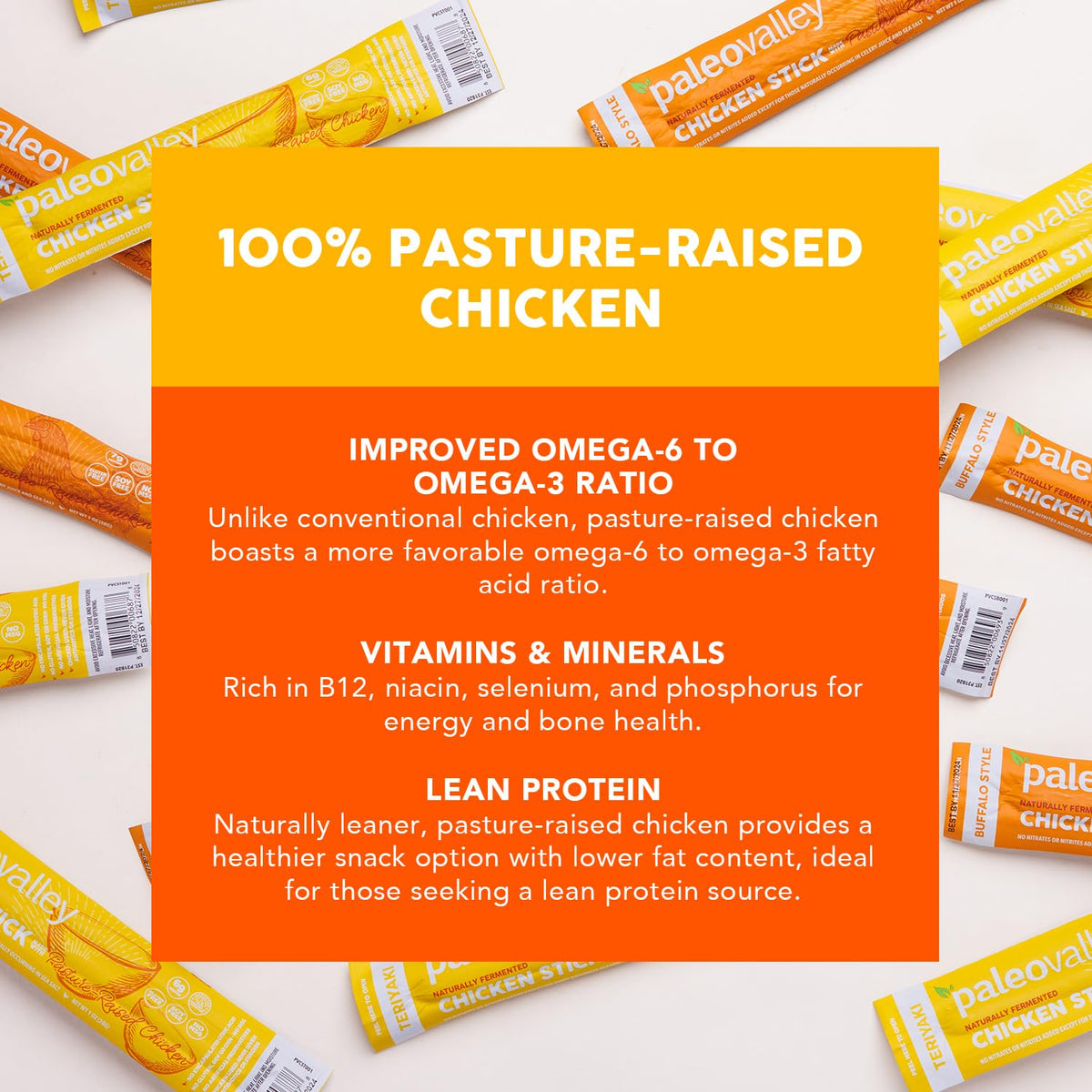 Paleovalley Pasture-Raised Chicken Sticks – 10 Pack Buffalo, 7g Protein per Stick | Keto & Gluten-Free